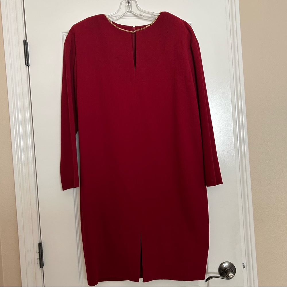 Designer Ellen Tracy Red Wool Dress with Gold Detailing
